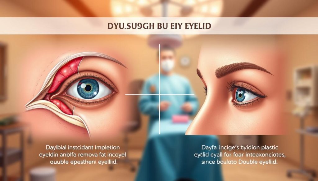 Plastic surgery double eyelid procedure illustration.